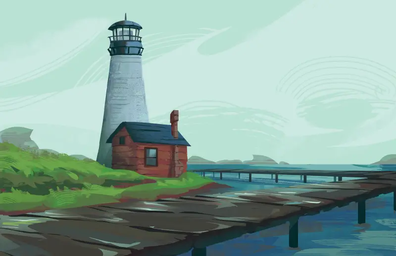 Illustration of a coastal lighthouse with a red brick building, wooden pier, and calm ocean.