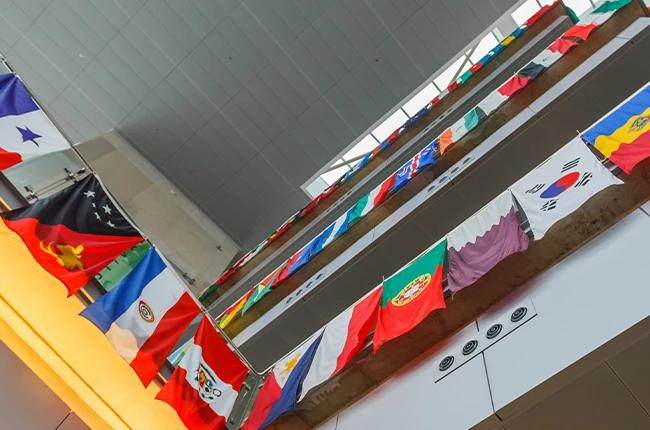 Flags of different countries hung in the Campus Center