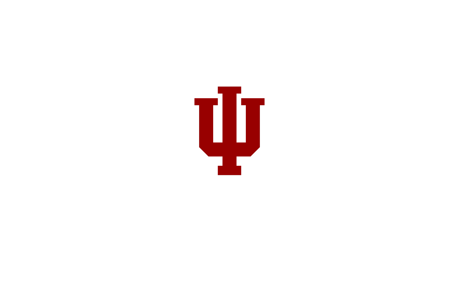The Indiana University (IU) logo is prominently overlaid in the center of the image, rising from behind the Monument Circle buildings.